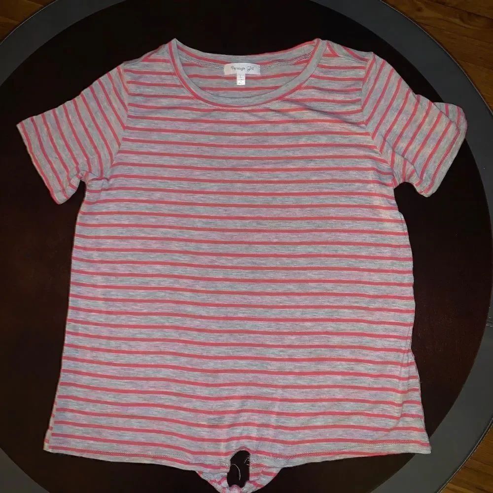 Coral and Grey Striped T - Shirt Girls - Size L